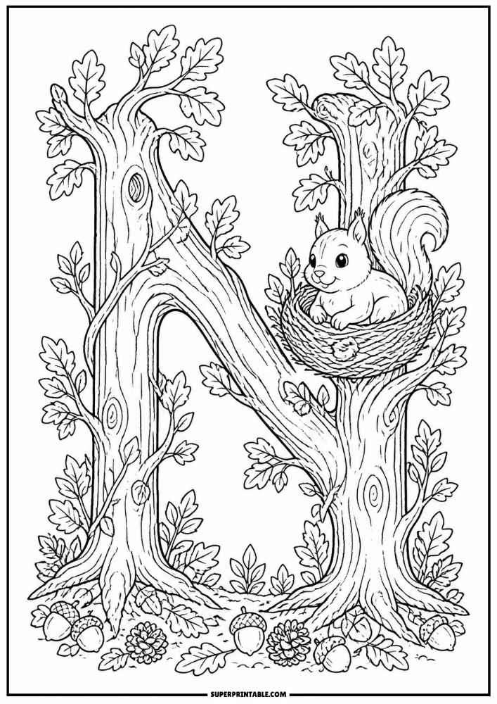 Letter N tree with a squirrel in a nest, leaves, acorns, and flowers.