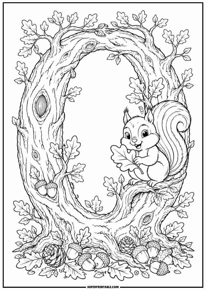 Letter O tree with a squirrel holding an oak leaf, acorns, pinecones, and leaves.