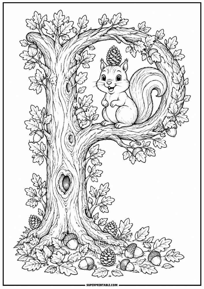 Letter P tree with a squirrel balancing a pinecone, leaves, acorns, and branches.