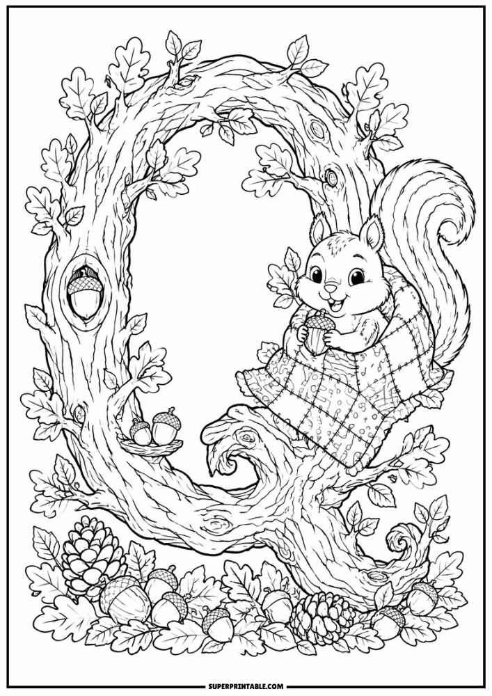 Letter Q tree with a squirrel under a quilt, acorns, pinecones, and leaves.