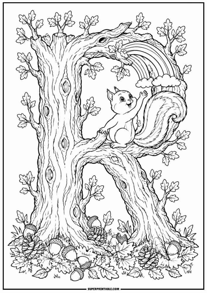 Letter R tree with a squirrel reaching for a rainbow, leaves, acorns, and pinecones.