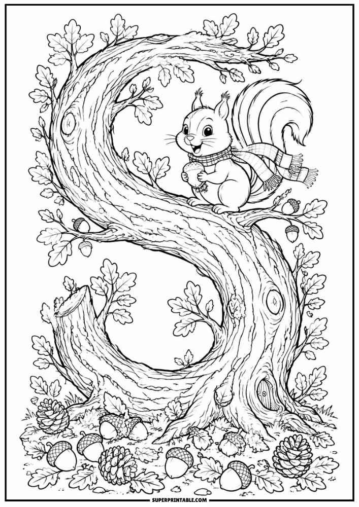 Letter S tree with a scarf wearing squirrel, leaves, acorns, and pinecones.