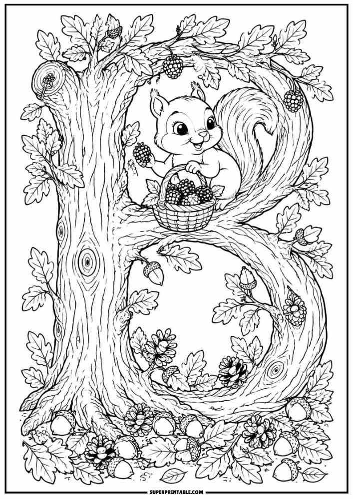 Letter B tree with a squirrel, berry basket, leaves, acorns, and pinecones.