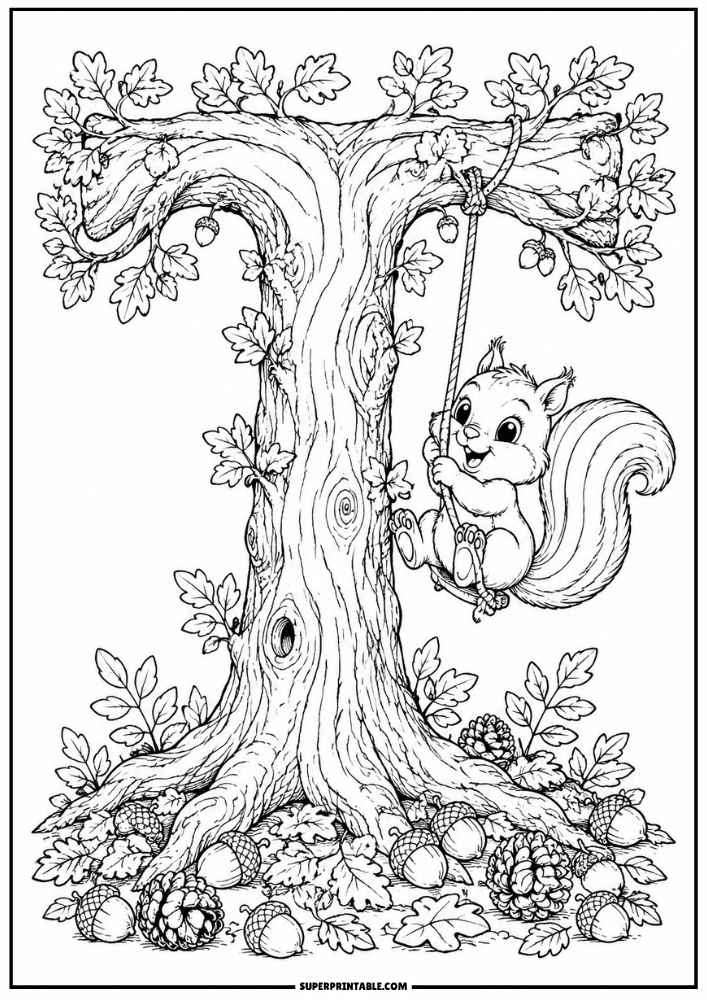 Letter T tree with a squirrel on a rope swing, leaves, acorns, and pinecones.
