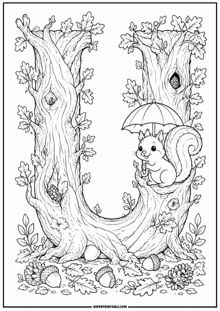Letter U tree with a squirrel holding an umbrella, surrounded by oak leaves, acorns, flowers, and pinecones.