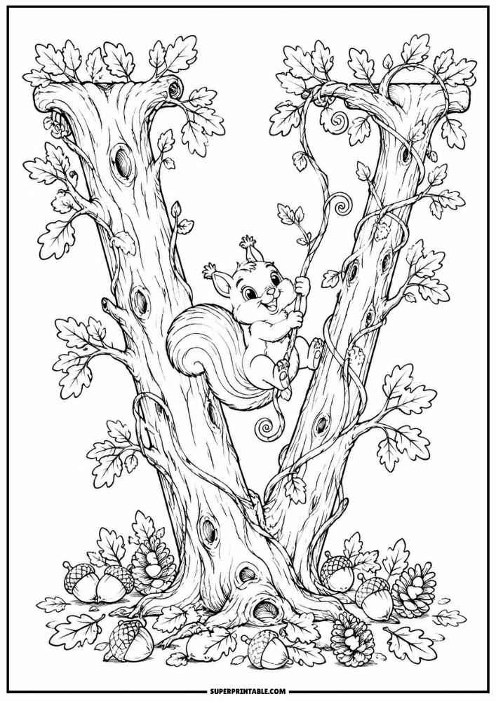 Letter V tree with a squirrel swinging on a vine, oak leaves, acorns, and pinecones.