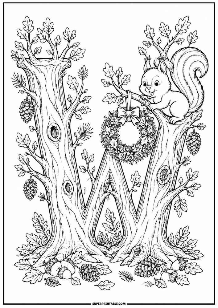 Letter W tree with a squirrel hanging a wreath, surrounded by leaves, acorns, and pinecones.