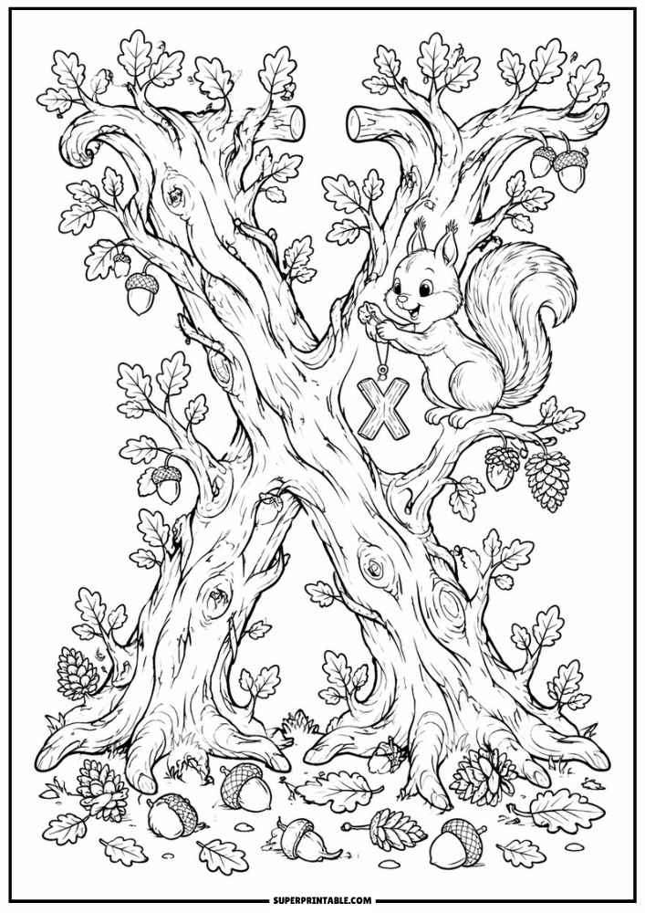 Letter X tree with a squirrel holding a wooden X ornament, leaves, acorns, and pinecones.