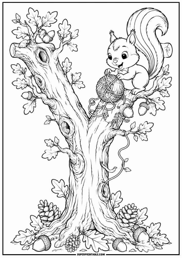 Letter Y tree with a squirrel playing with a ball of yarn, leaves, acorns, and pinecones.