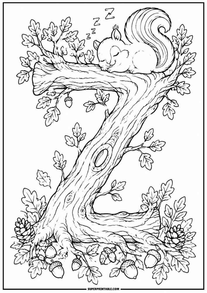 Letter Z tree with a sleeping squirrel, sleep symbols, oak leaves, acorns, and pinecones.