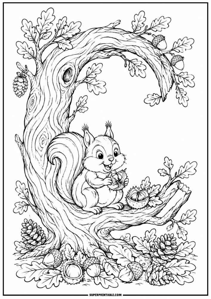 Letter C tree with a squirrel holding a chestnut, oak leaves, acorns, and pinecones.
