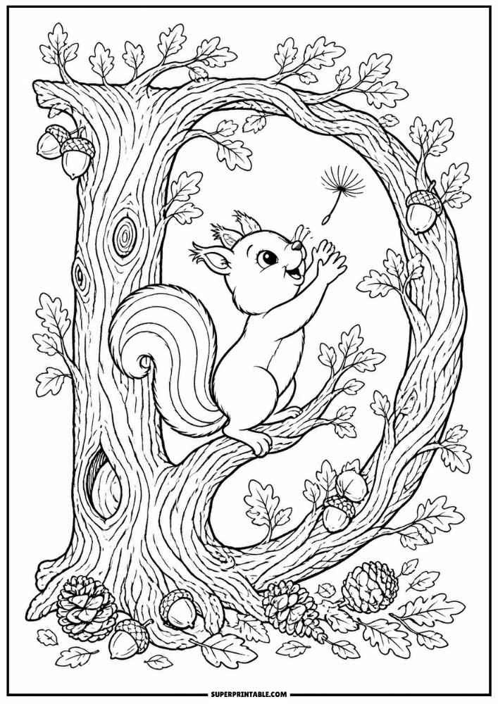 Letter D tree with a squirrel reaching for a dandelion seed, acorns, leaves, and pinecones.