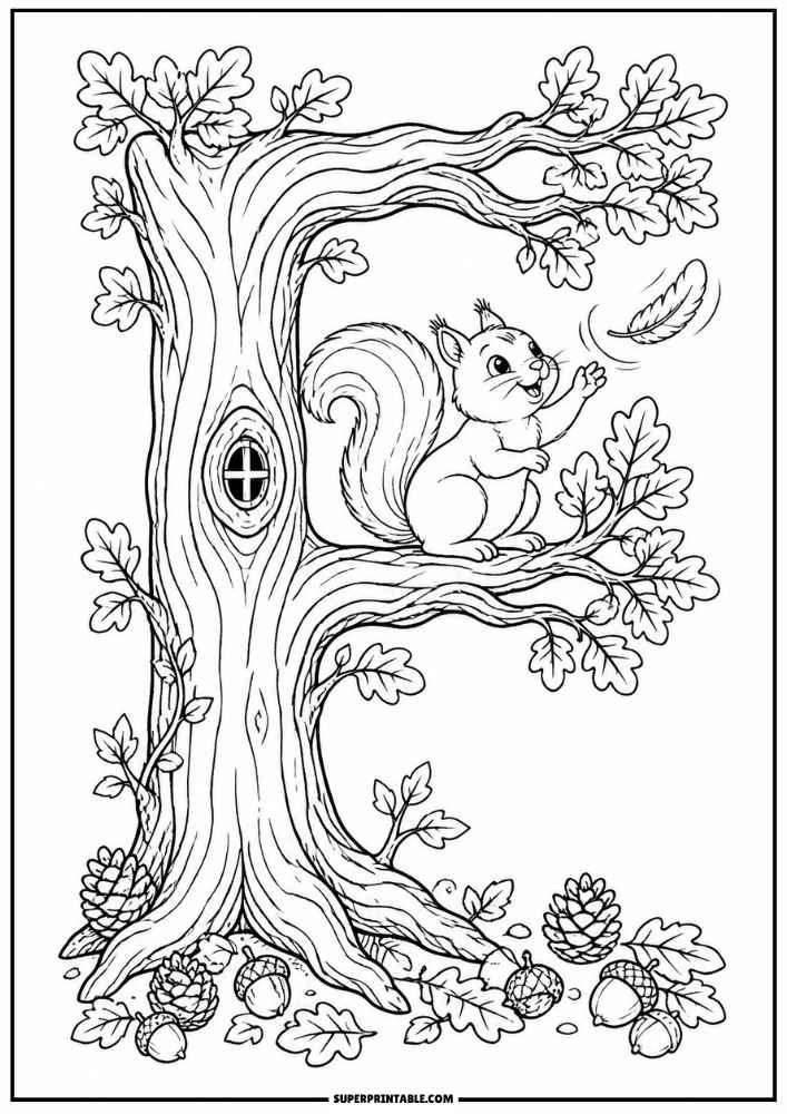 Letter F tree with a squirrel reaching for a feather, leaves, acorns, and pinecones.