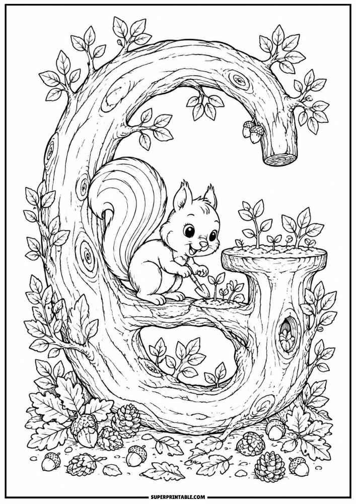 Letter G tree with a squirrel planting seedlings, leaves, acorns, and pinecones.