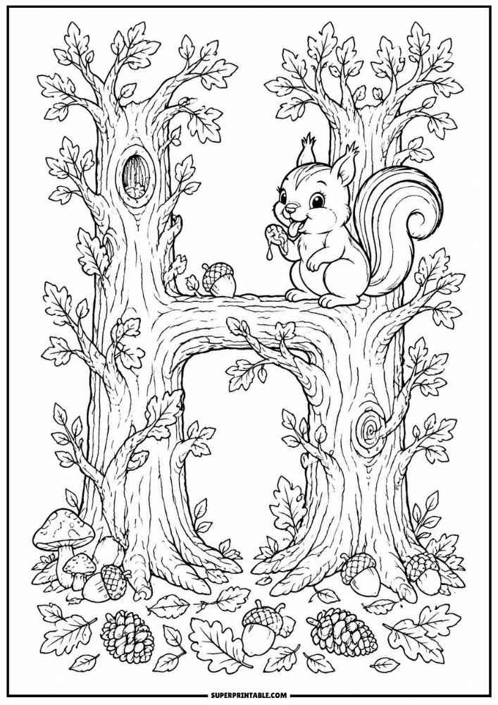Letter H tree with a squirrel holding a hazelnut, leaves, acorns, and pinecones.