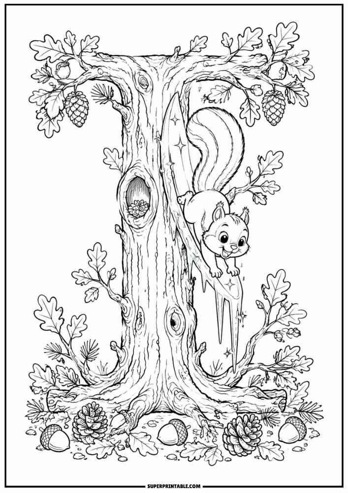 Letter I tree with a playful squirrel sliding down, leaves, acorns, and pinecones.