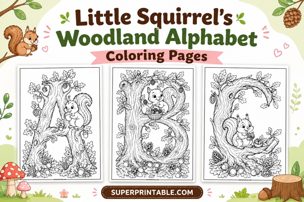 Little Squirrel’s Woodland Alphabet Coloring Pages 