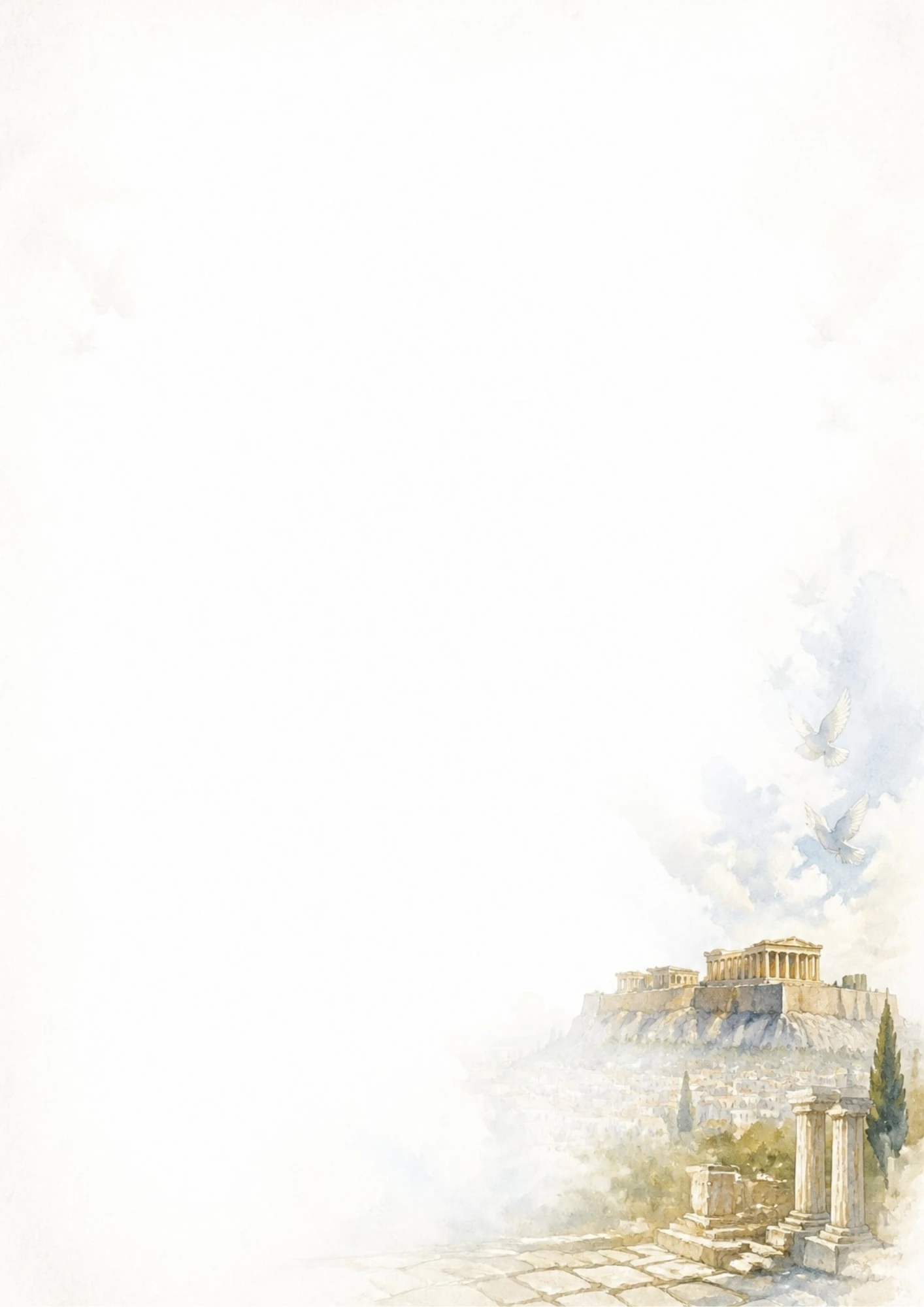 A watercolor painting of the Acropolis temple ruins in Athens with white columns and flying doves.
