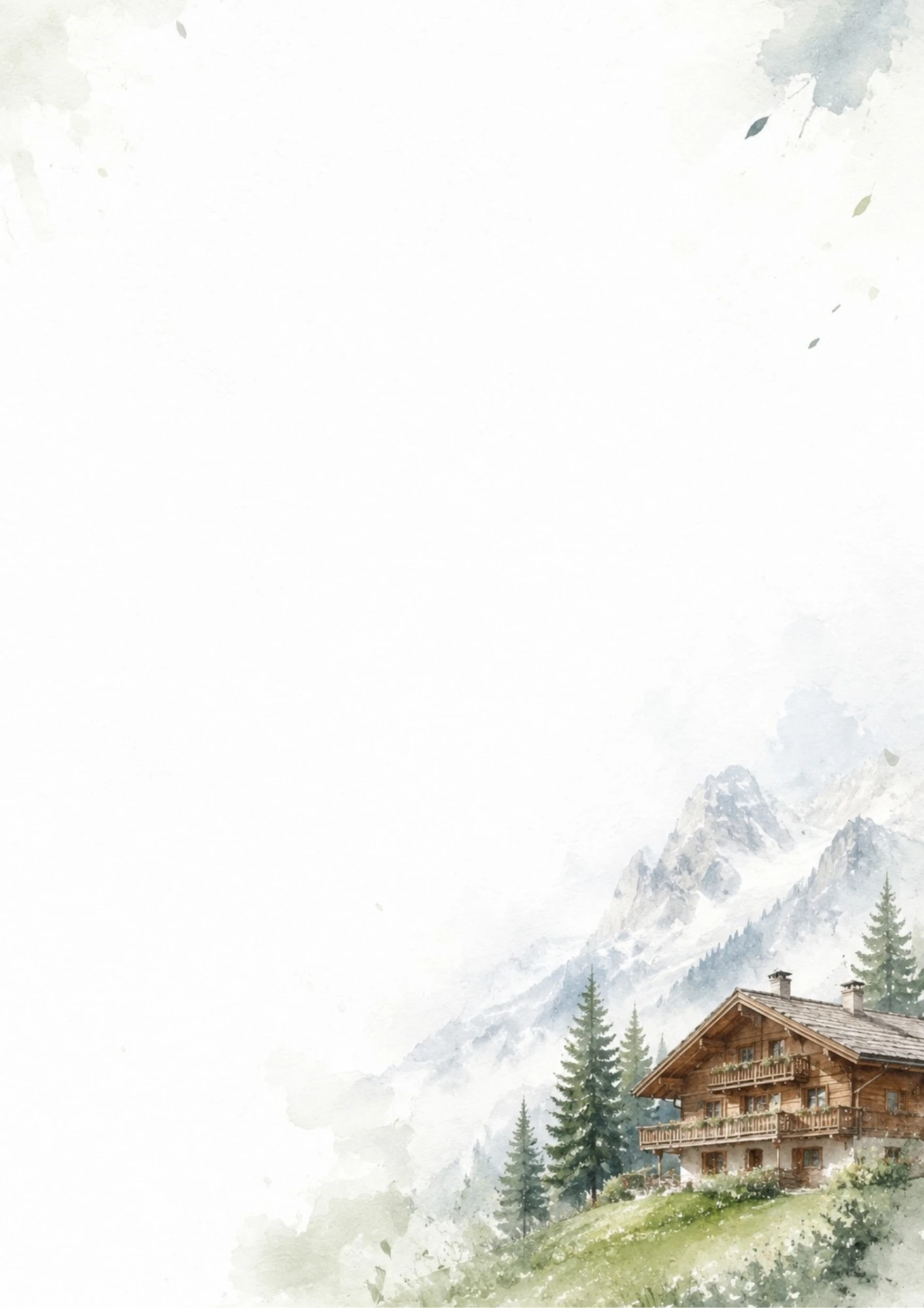 A watercolor of a rustic alpine wooden chalet on a green hillside with pine trees and high rocky mountain peaks.