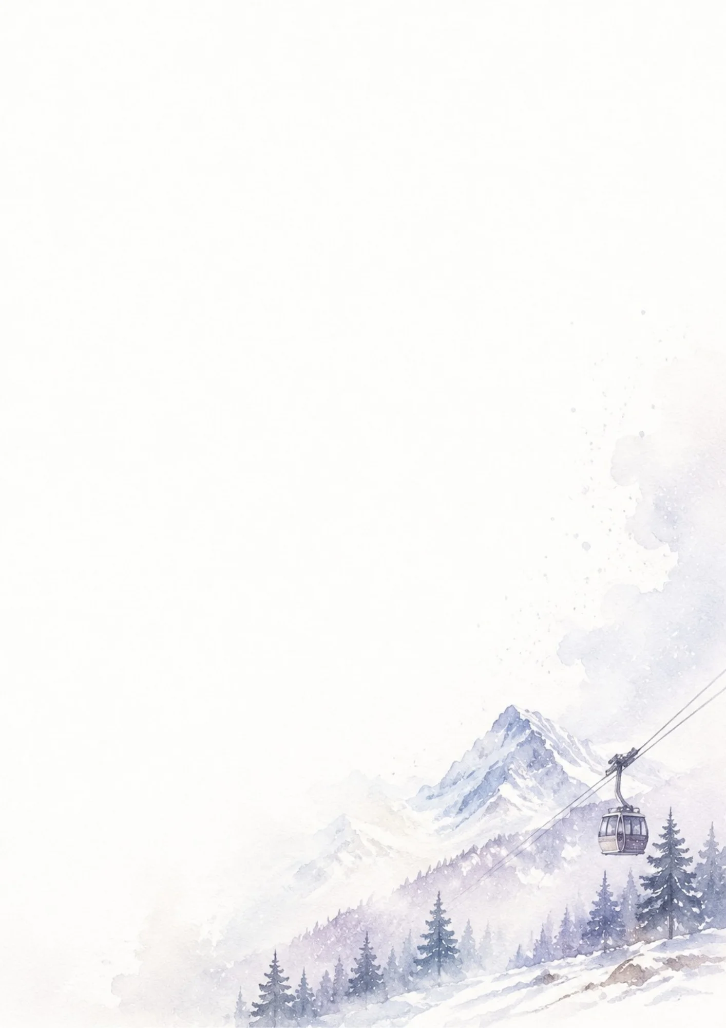 Watercolor digital paper showing a single gondola cabin suspended on cables soaring over a snow-covered mountain slope and pine forest, with sharp mountain peaks in the background.
