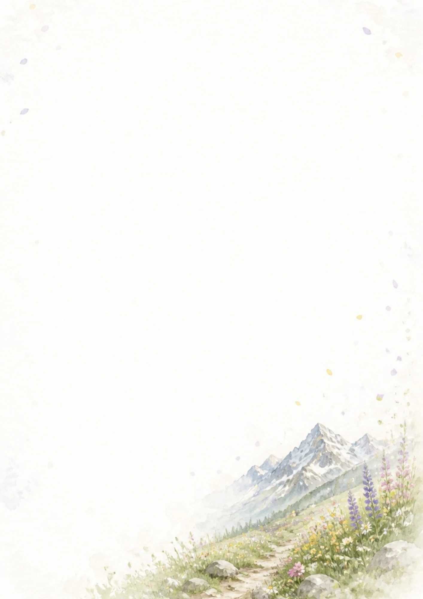 A watercolor painting of a dirt path winding through purple lupines and rocks toward distant mountains.