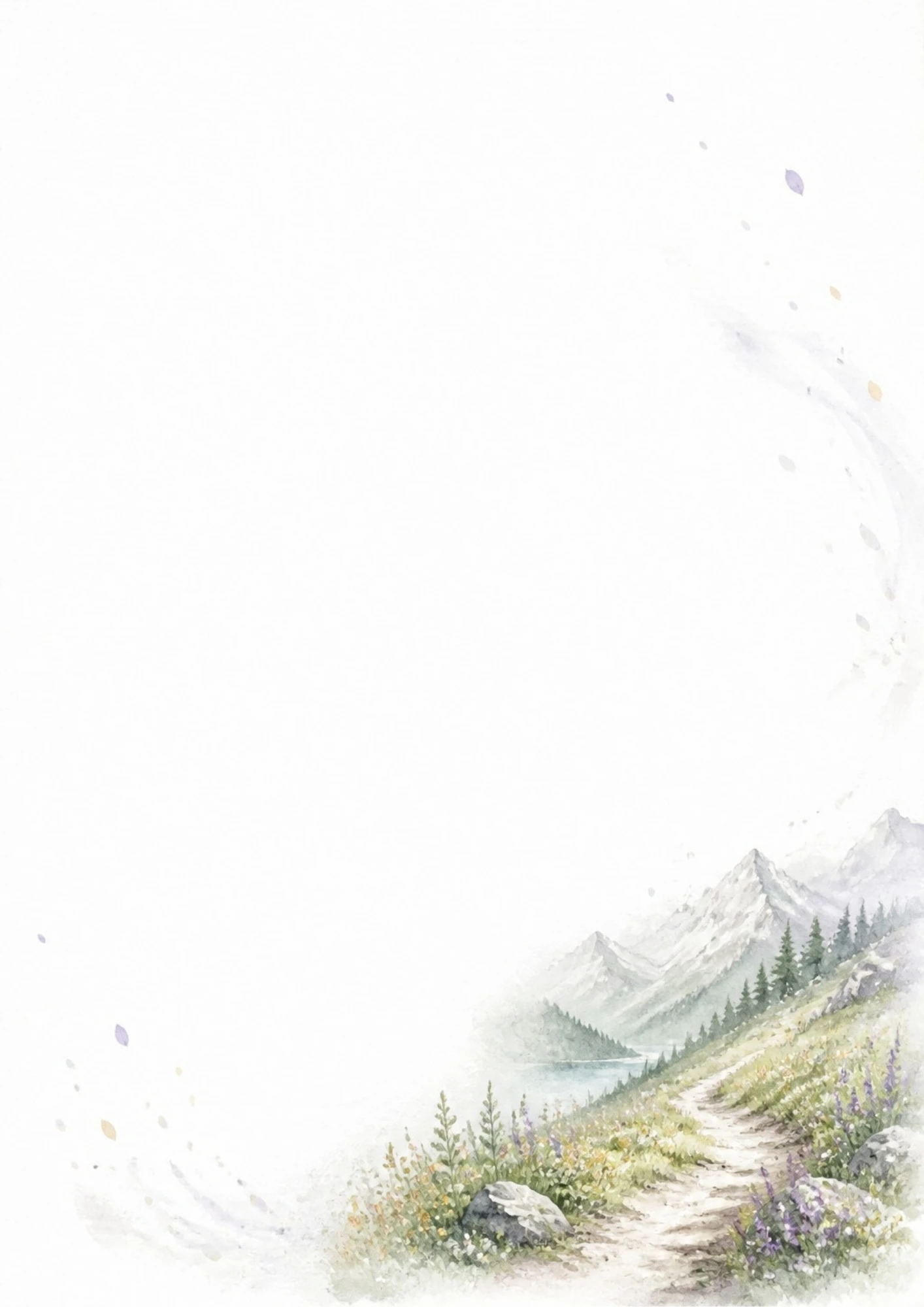 A watercolor painting showing a path along a grassy hill with purple wildflowers leading to a blue mountain lake.