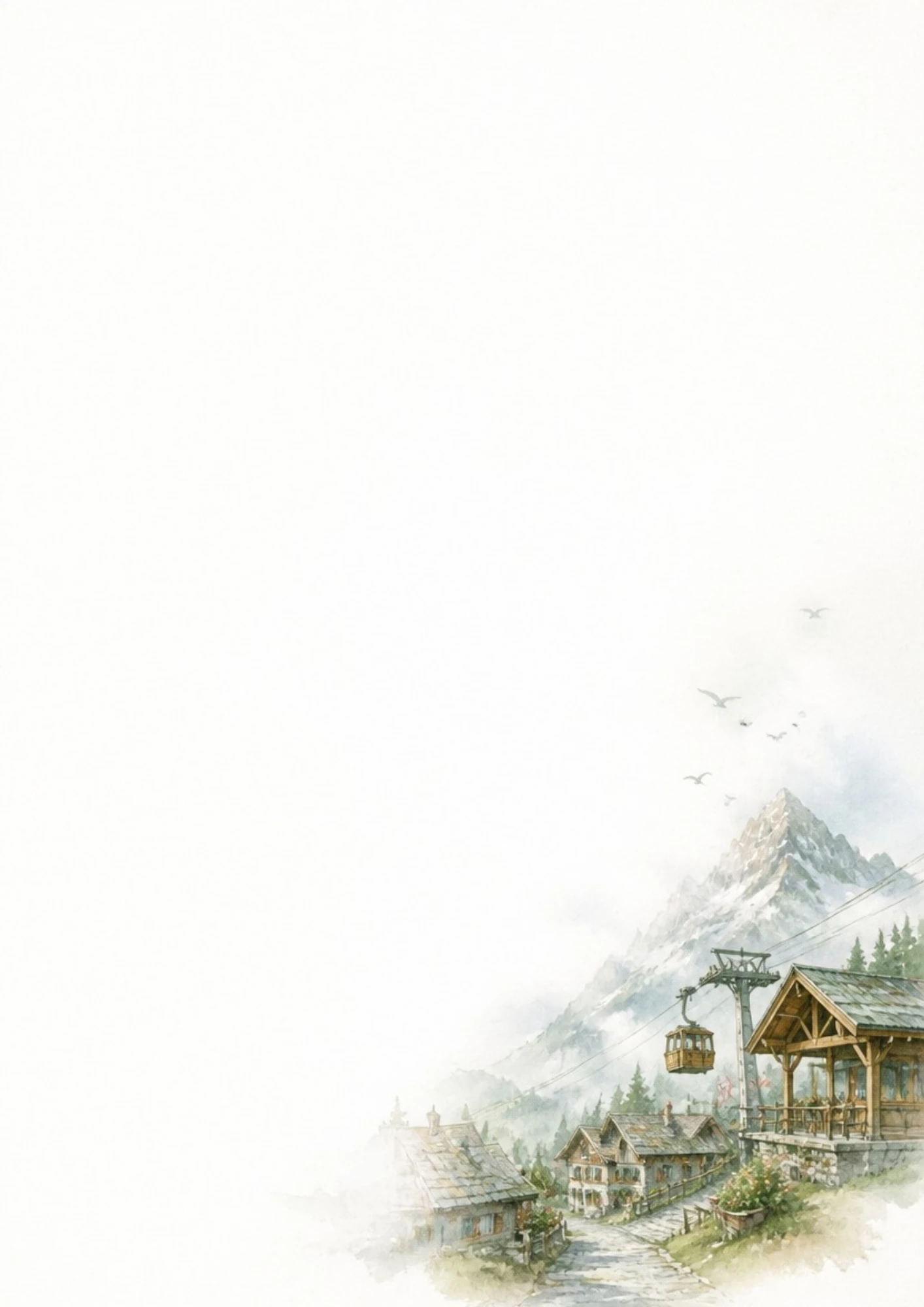 A watercolor drawing of a yellow cable car station with wooden chalets and a high mountain peak.