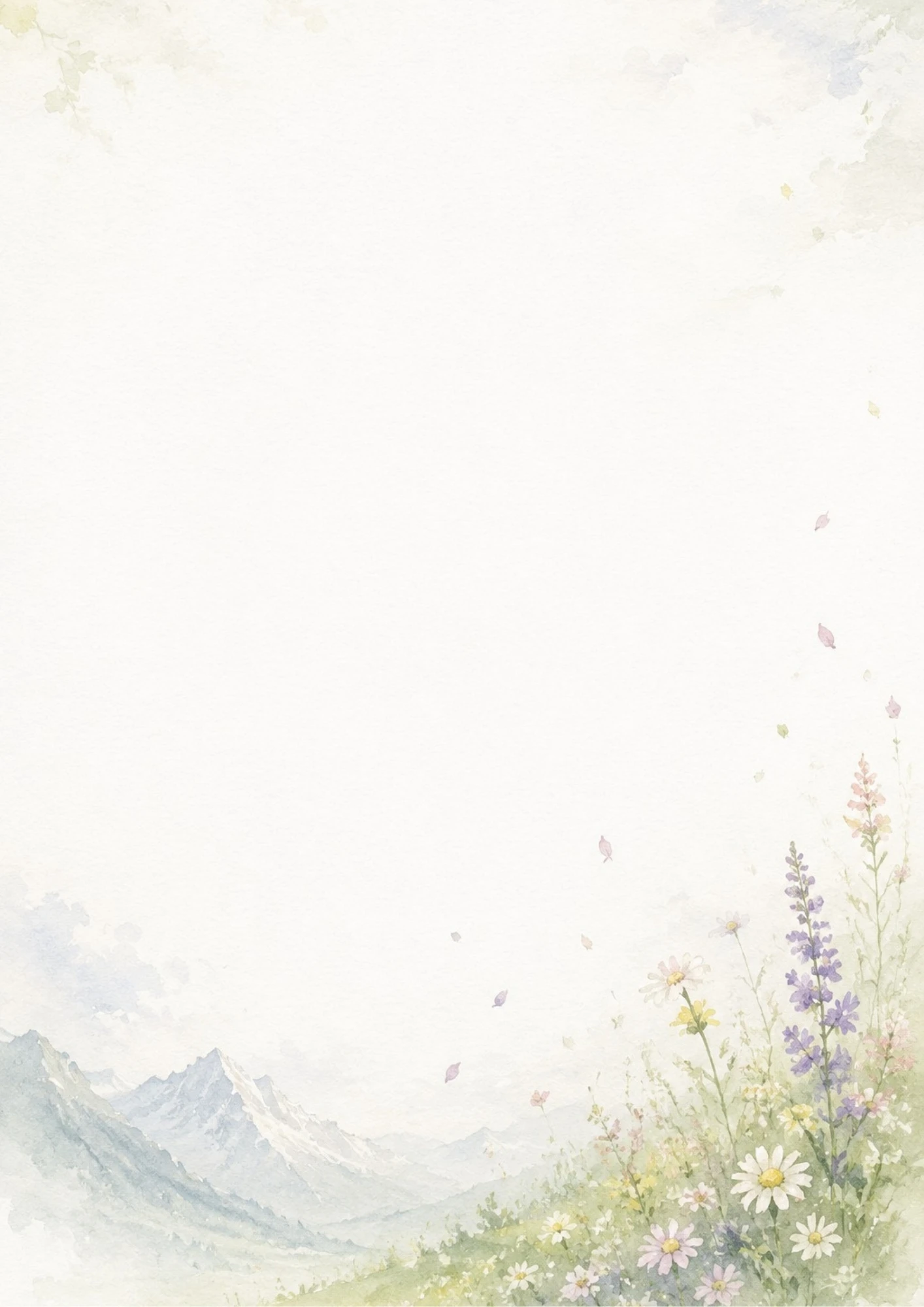 A watercolor scene showing daisies and purple wildflowers in an alpine meadow with snowy mountains in the background.