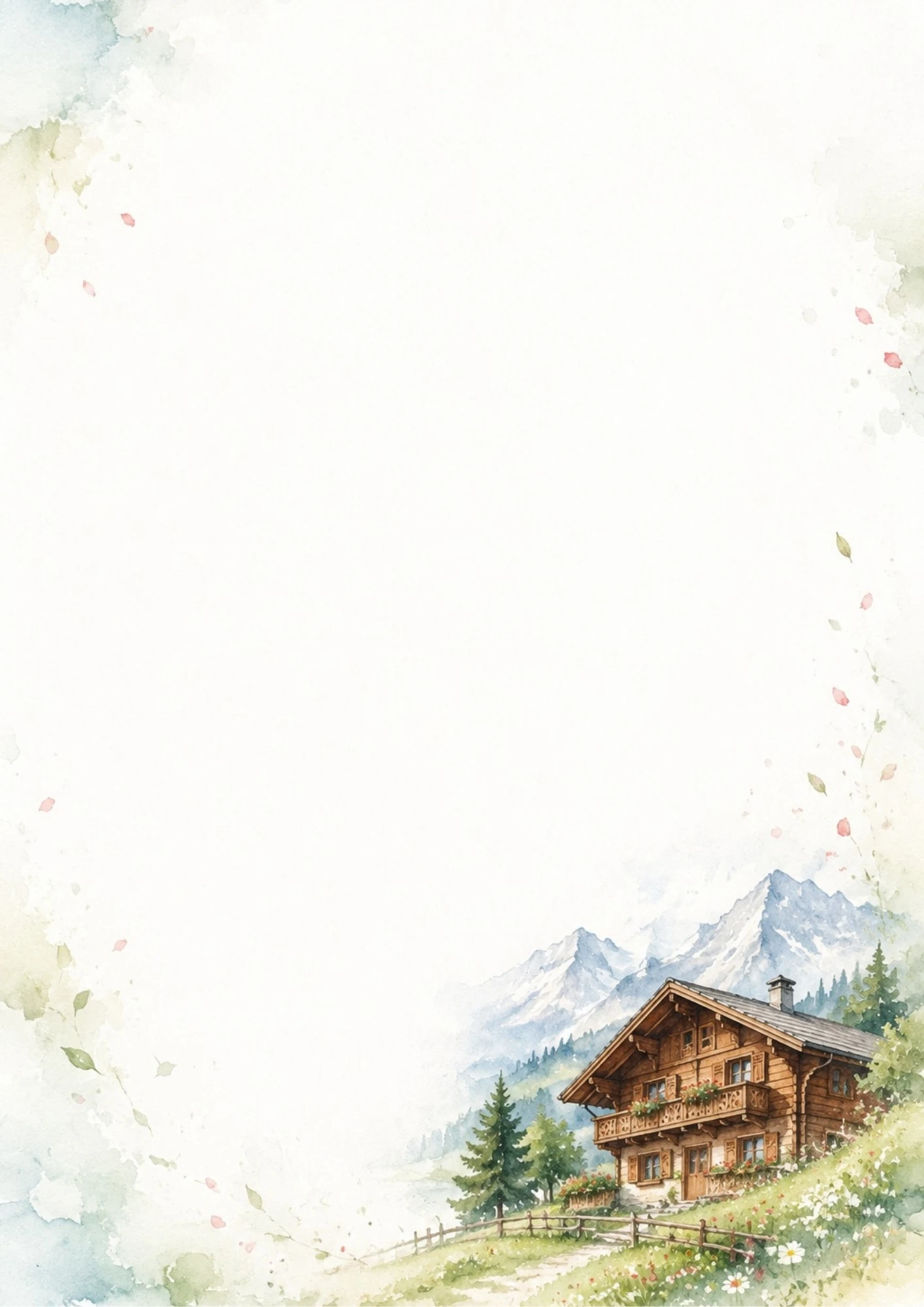 A watercolor drawing of a wooden Swiss chalet on a green hillside with pine trees and alpine mountains.