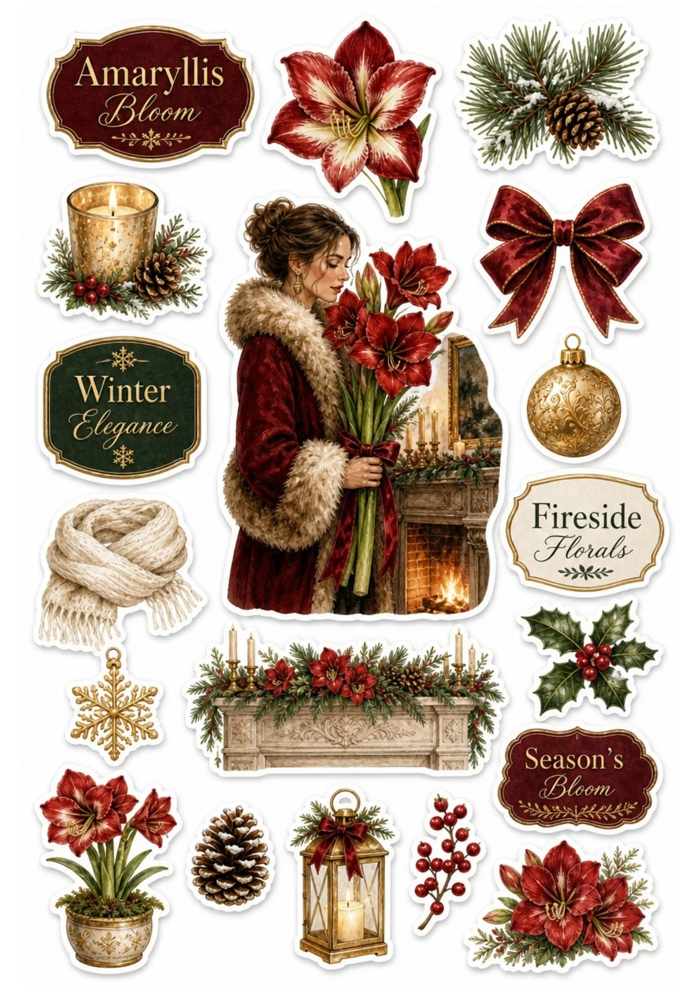 Fireside winter sticker sheet showing a girl in a fur-trimmed red coat with a red amaryllis bouquet, a fireplace, and a gold ornament