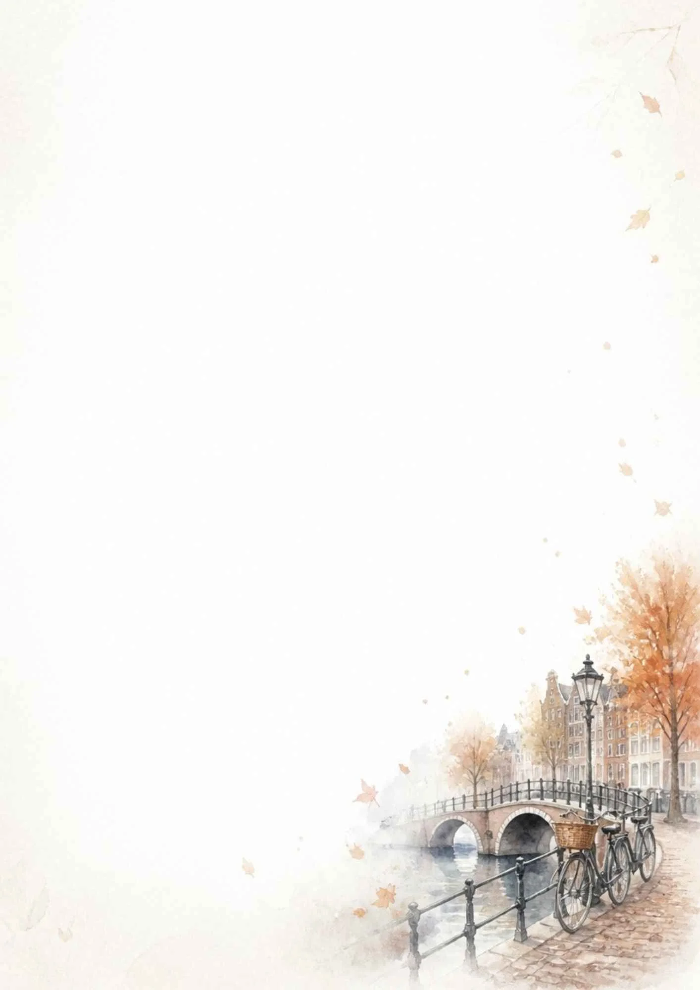 Watercolor depiction of a classic black bicycle parked on a brick canal bridge surrounded by orange autumn trees.