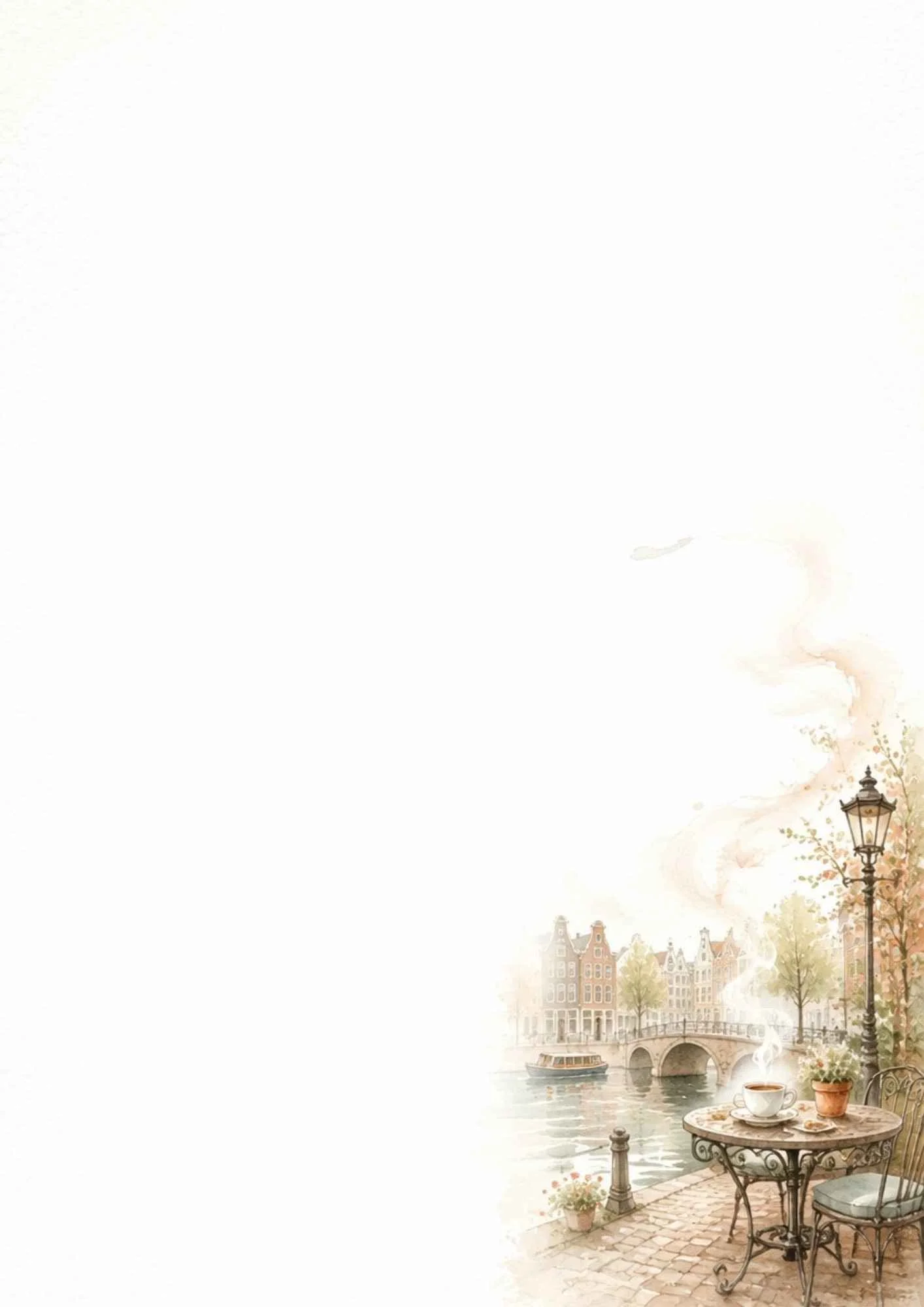 Watercolor scene of a cafe table and chair on a canal quay with a steaming cup of tea, street lamp, and bridge behind.