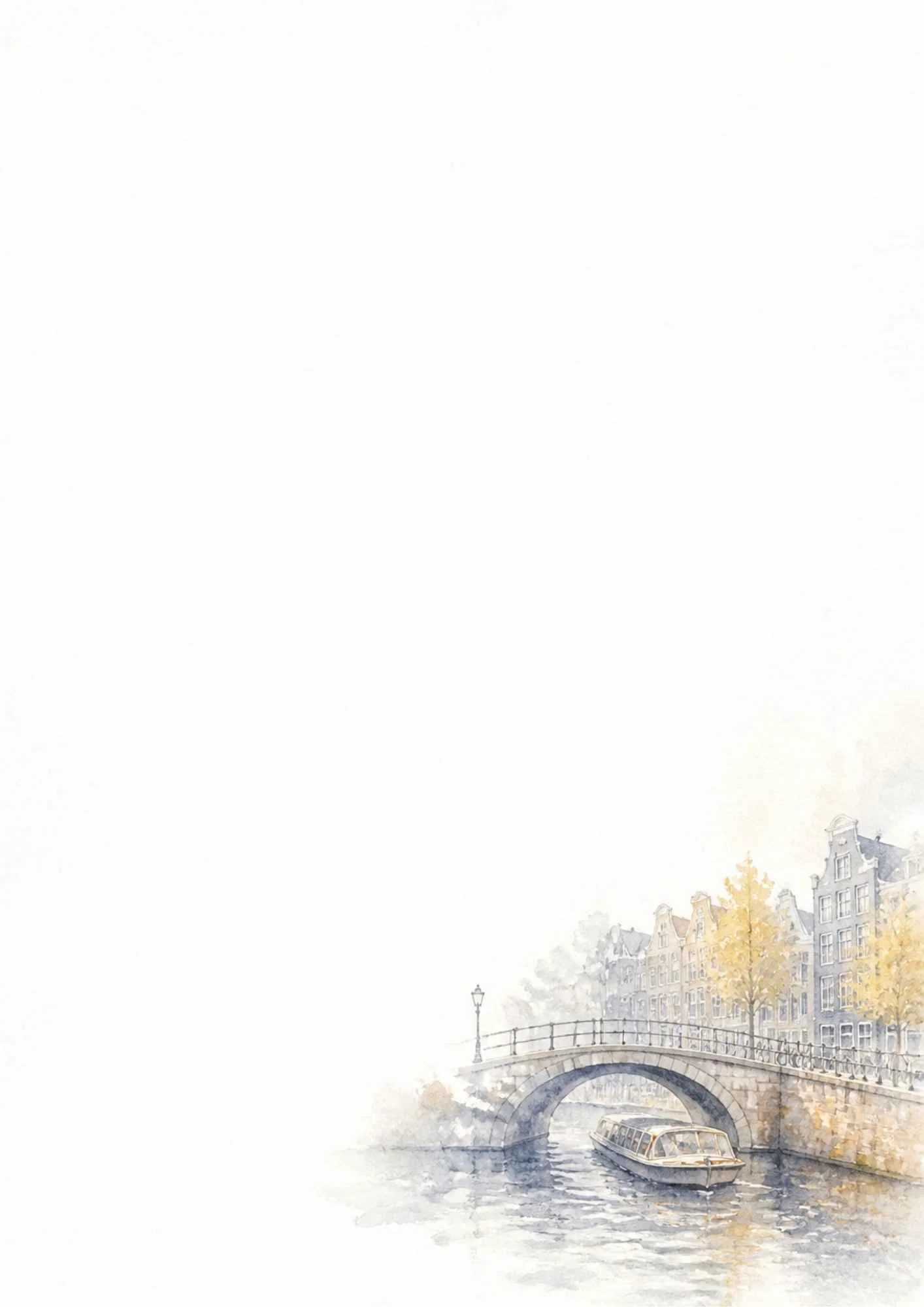 Watercolor painting of a canal tour boat cruising under an arched brick bridge with autumn trees and houses on the side.