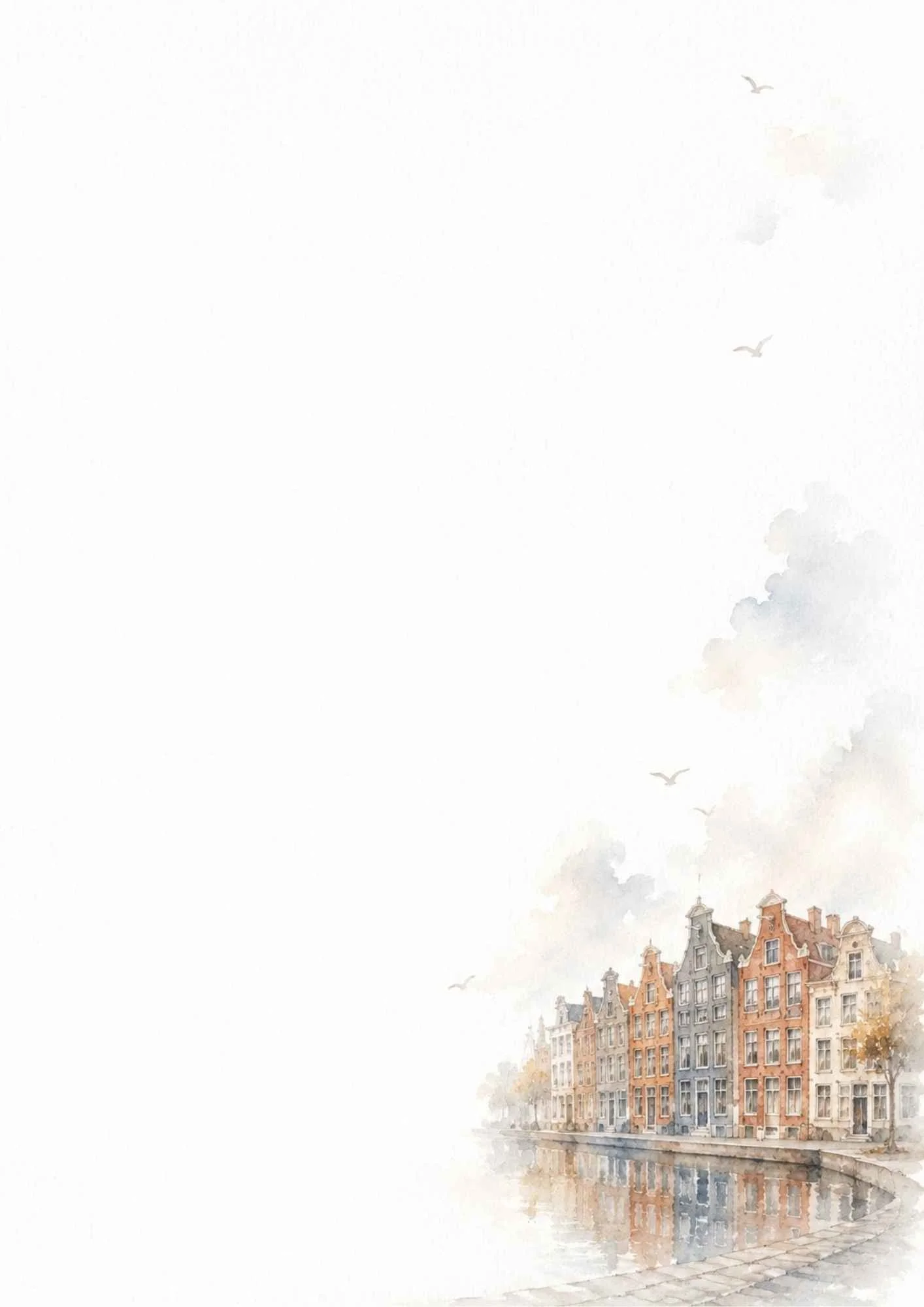 Watercolor border of historic Amsterdam canal houses with gabled roofs along a canal quay under a soft sky.