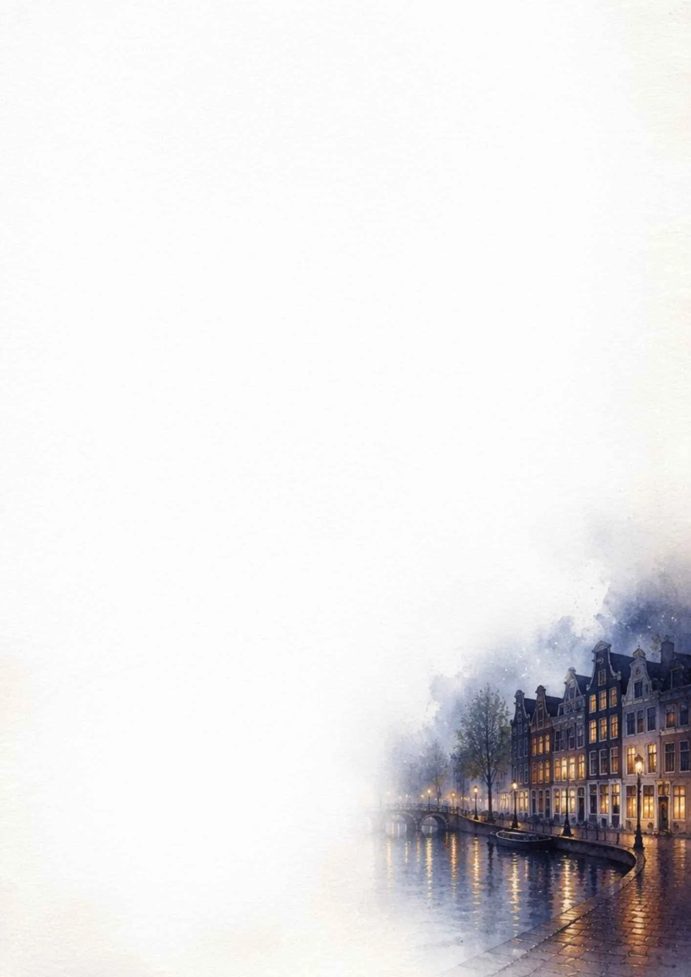 Watercolor view of Amsterdam canal houses at night with lit windows reflecting yellow light onto the water under a dark sky.