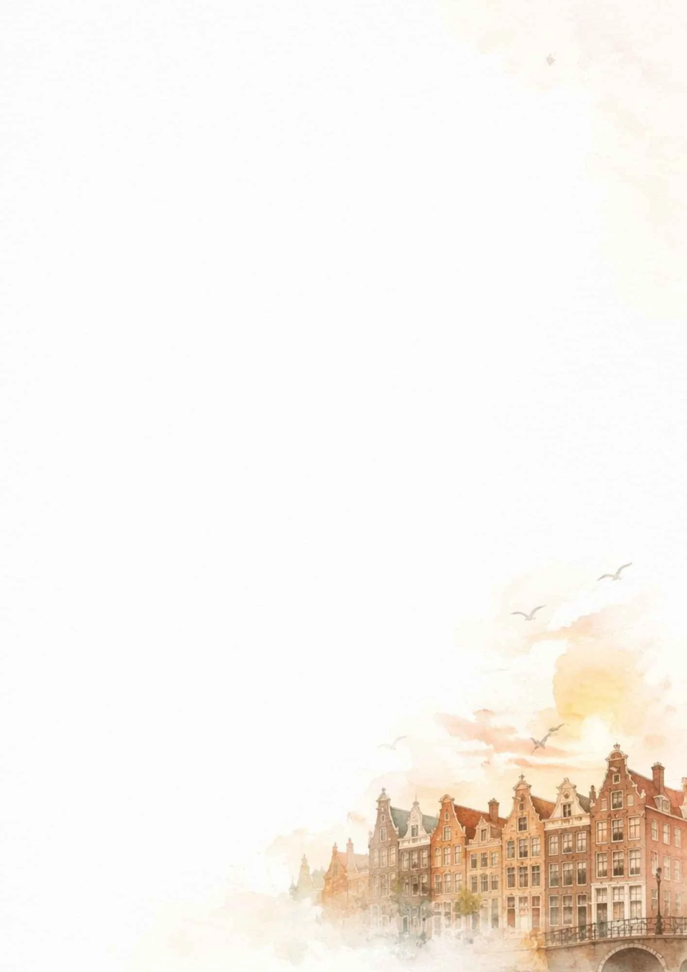 Watercolor painting of Amsterdam canal houses and a brick bridge under a warm sunset sky with orange and yellow clouds.