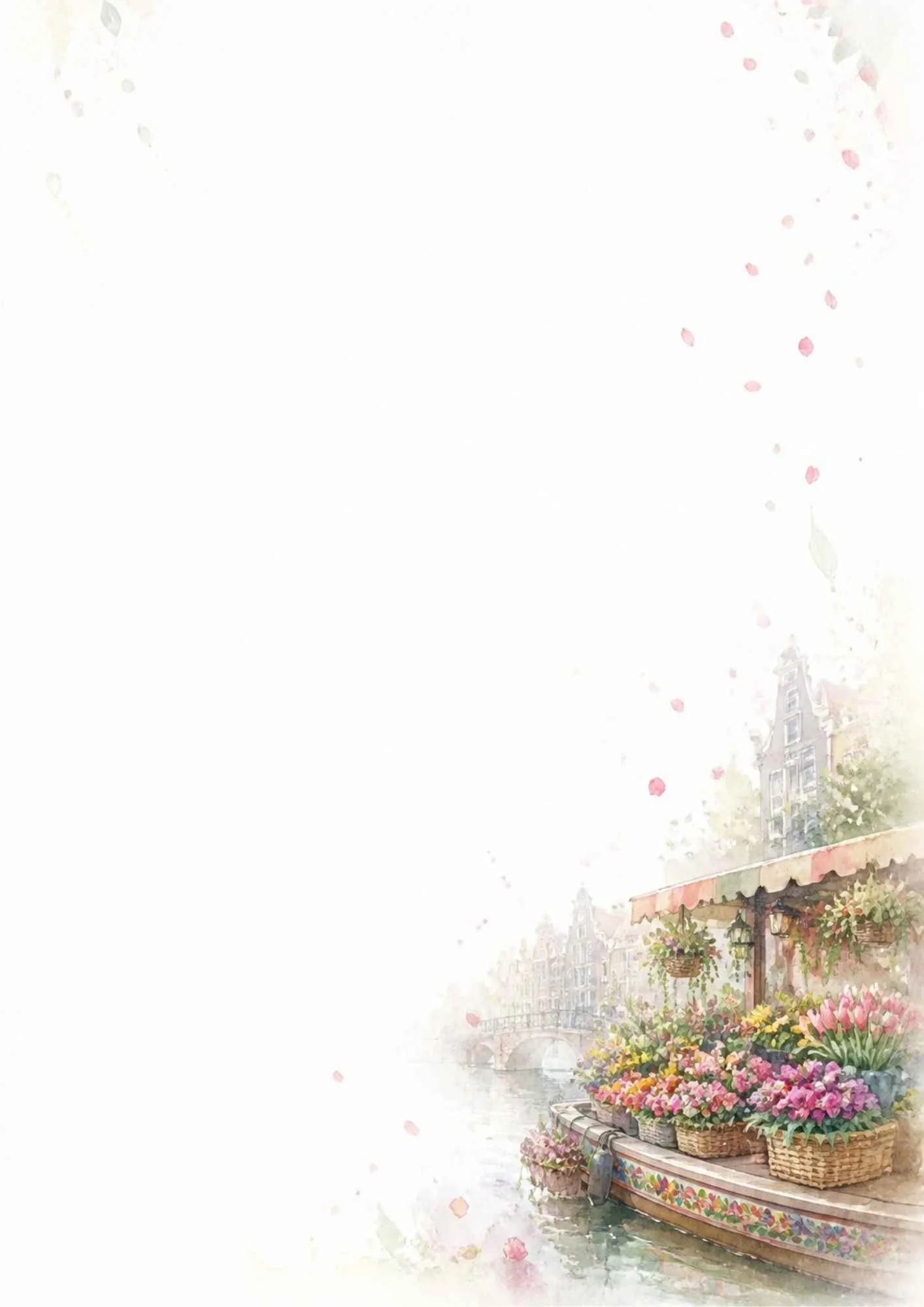Watercolor illustration of a canal barge overflowing with baskets of colorful tulips and flowers near historic buildings.