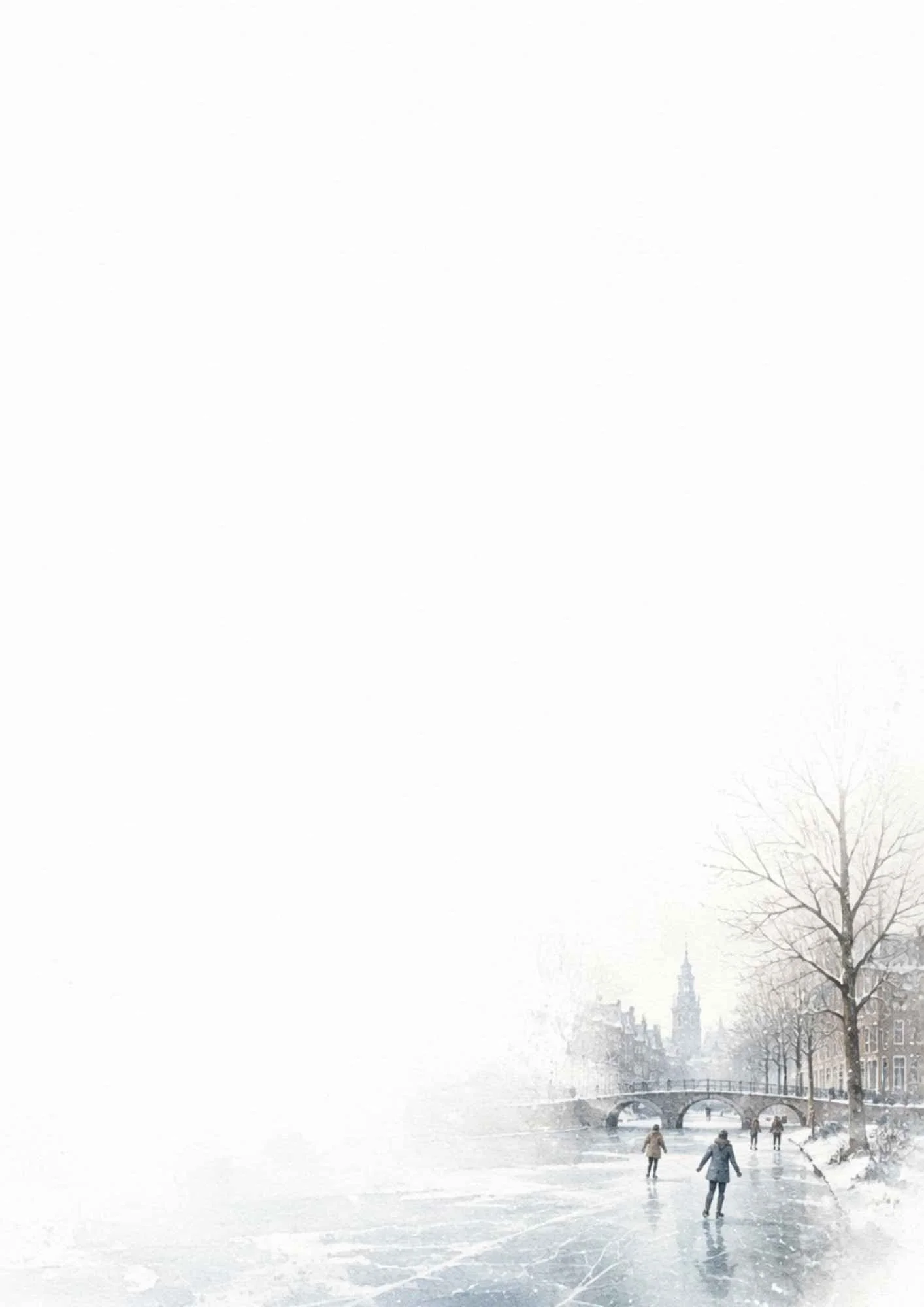 Watercolor painting of ice skaters on a frozen canal in winter with snow-covered banks, a bare tree, and a church tower.