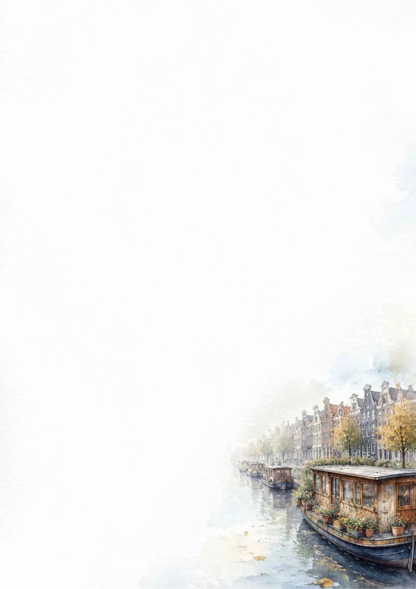Watercolor view of wooden houseboats lined up along an Amsterdam canal with autumn trees and brick houses in the background.