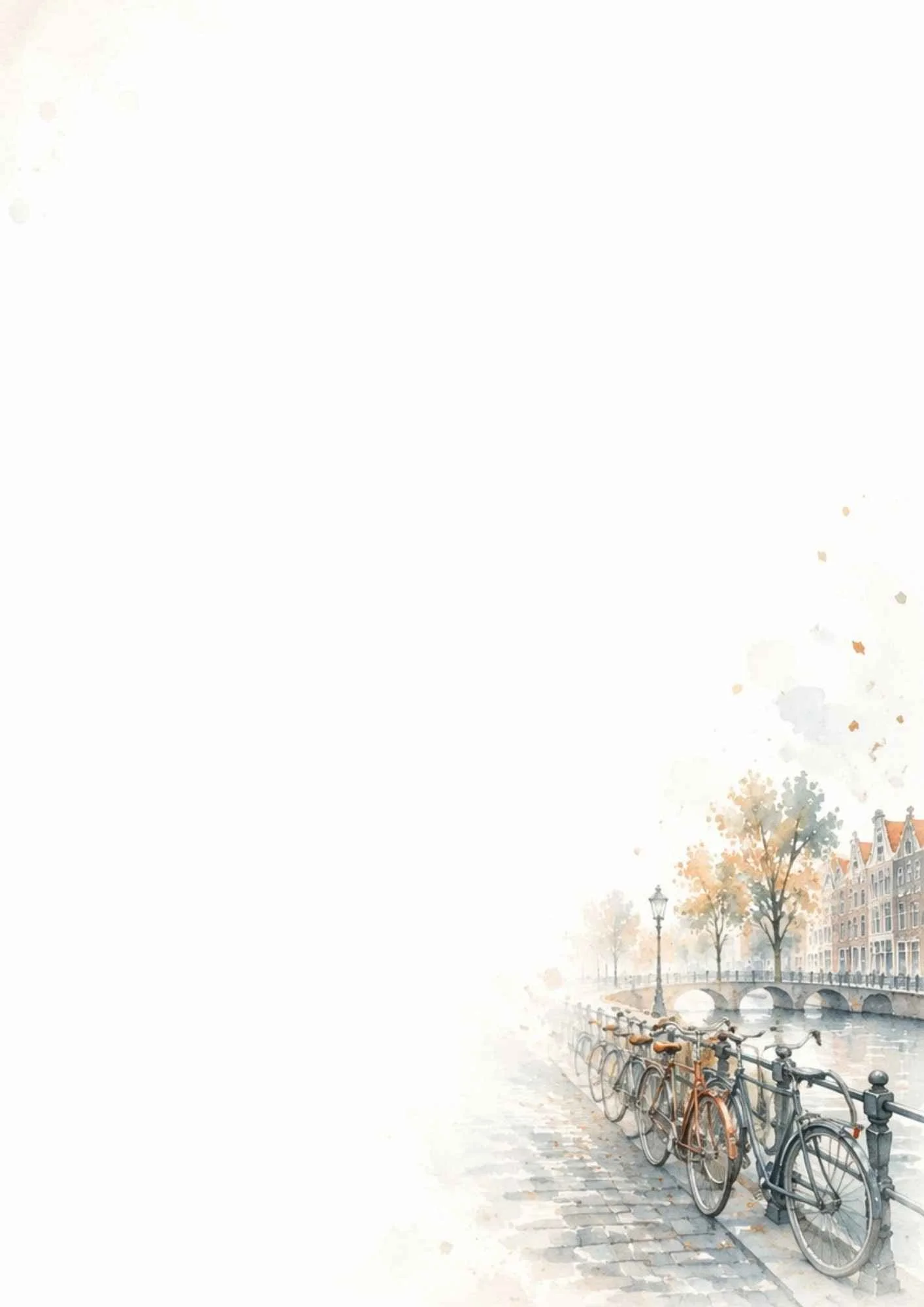 Watercolor illustration of a row of classic bicycles parked along a black metal canal railing with a bridge in the distance.