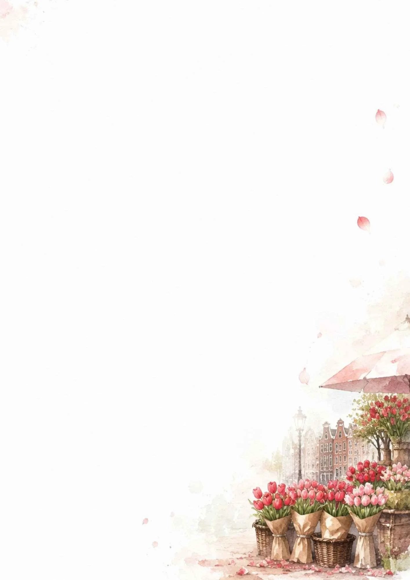 Watercolor depiction of a flower stall filled with bouquets of pink and red tulips in brown paper wrappers under an umbrella.