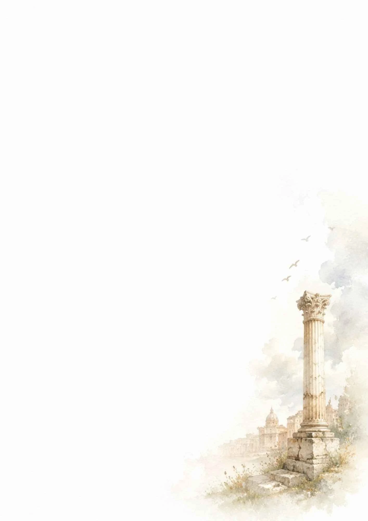 A watercolor painting of a Corinthian column on a grassy mound with birds flying and a dome in the distance.