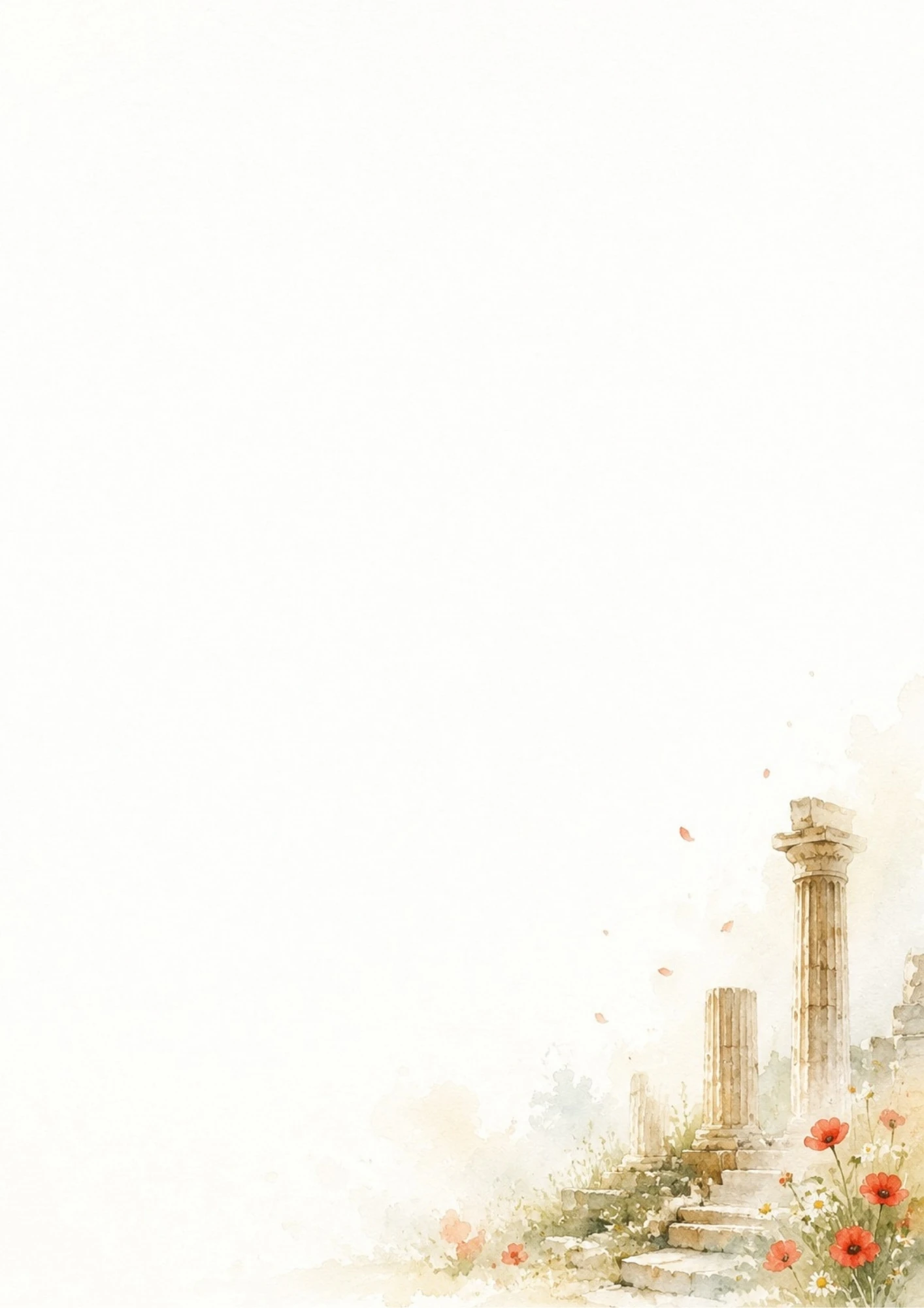 A watercolor illustration of ancient Greek columns on steps with red poppy flowers and white daisies.