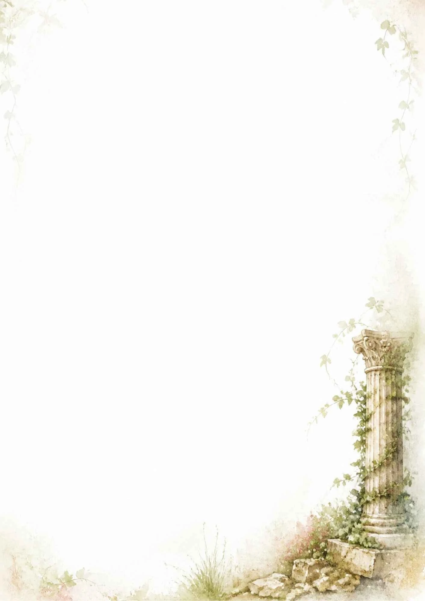 A watercolor painting of a single Corinthian column wrapped in green ivy.