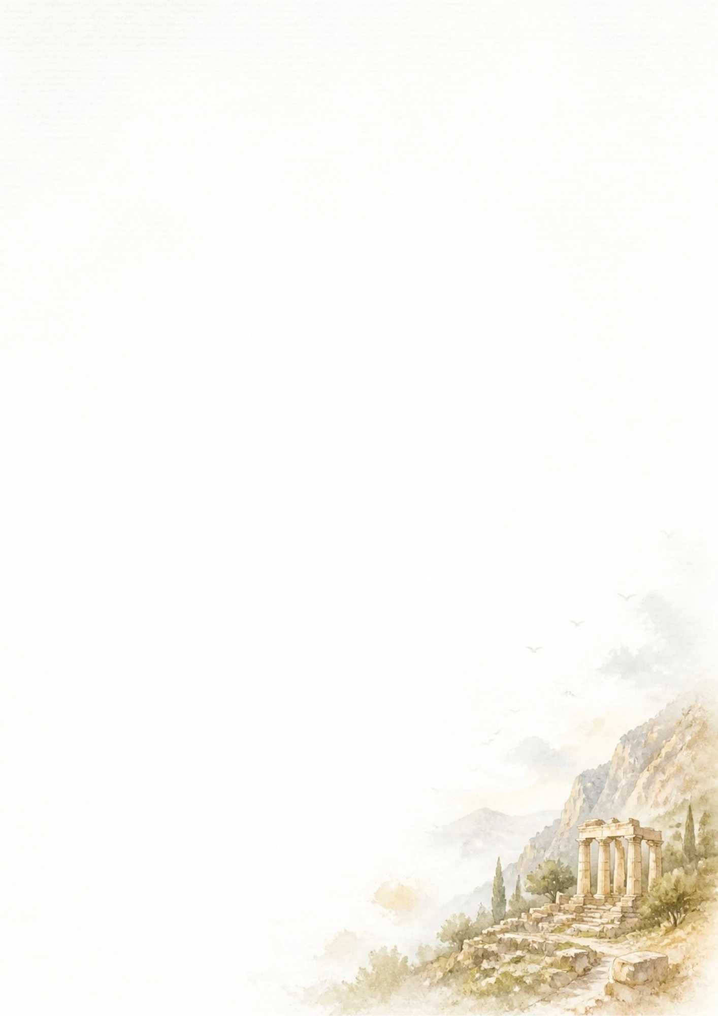 A watercolor painting of ancient Greek temple columns on a grassy mountain slope under a soft sky.