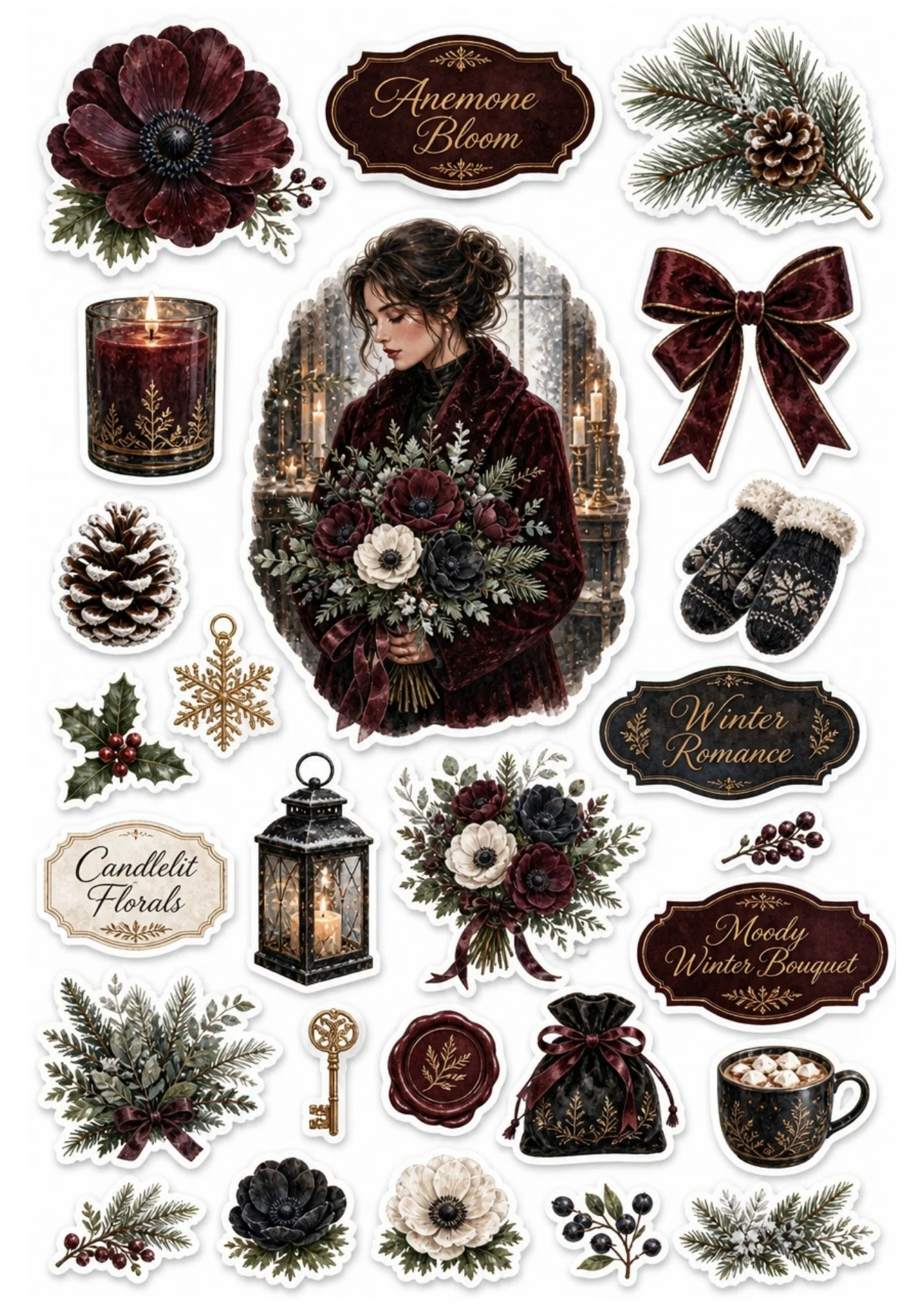 Moody winter floral sticker sheet featuring a girl in a deep burgundy coat holding a dark anemone bouquet, dark mittens, hot cocoa, and a wax seal