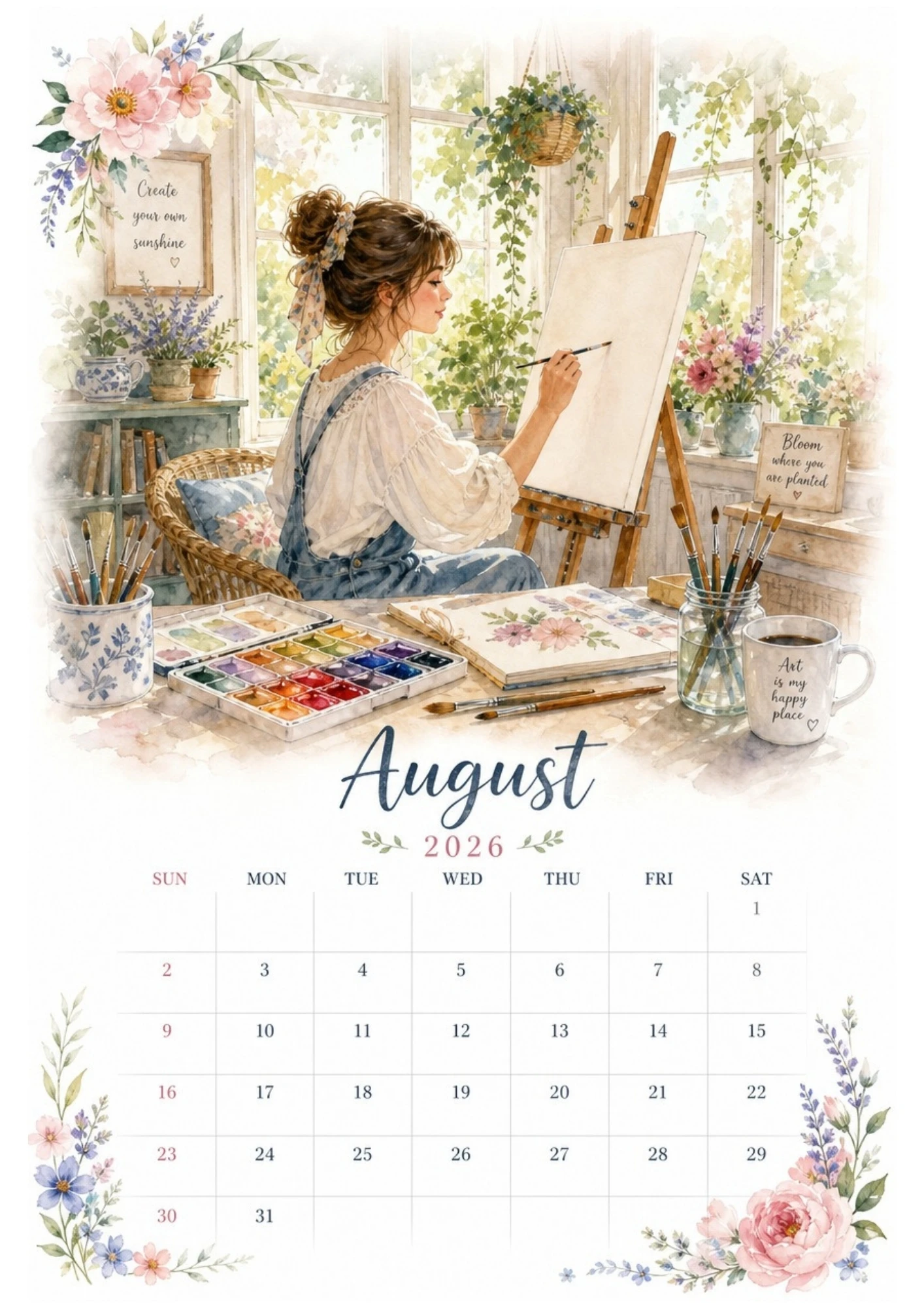 Watercolor illustration of a woman painting on a canvas placed on an easel in a sunlit art studio with paints and brushes for an August 2026 calendar.