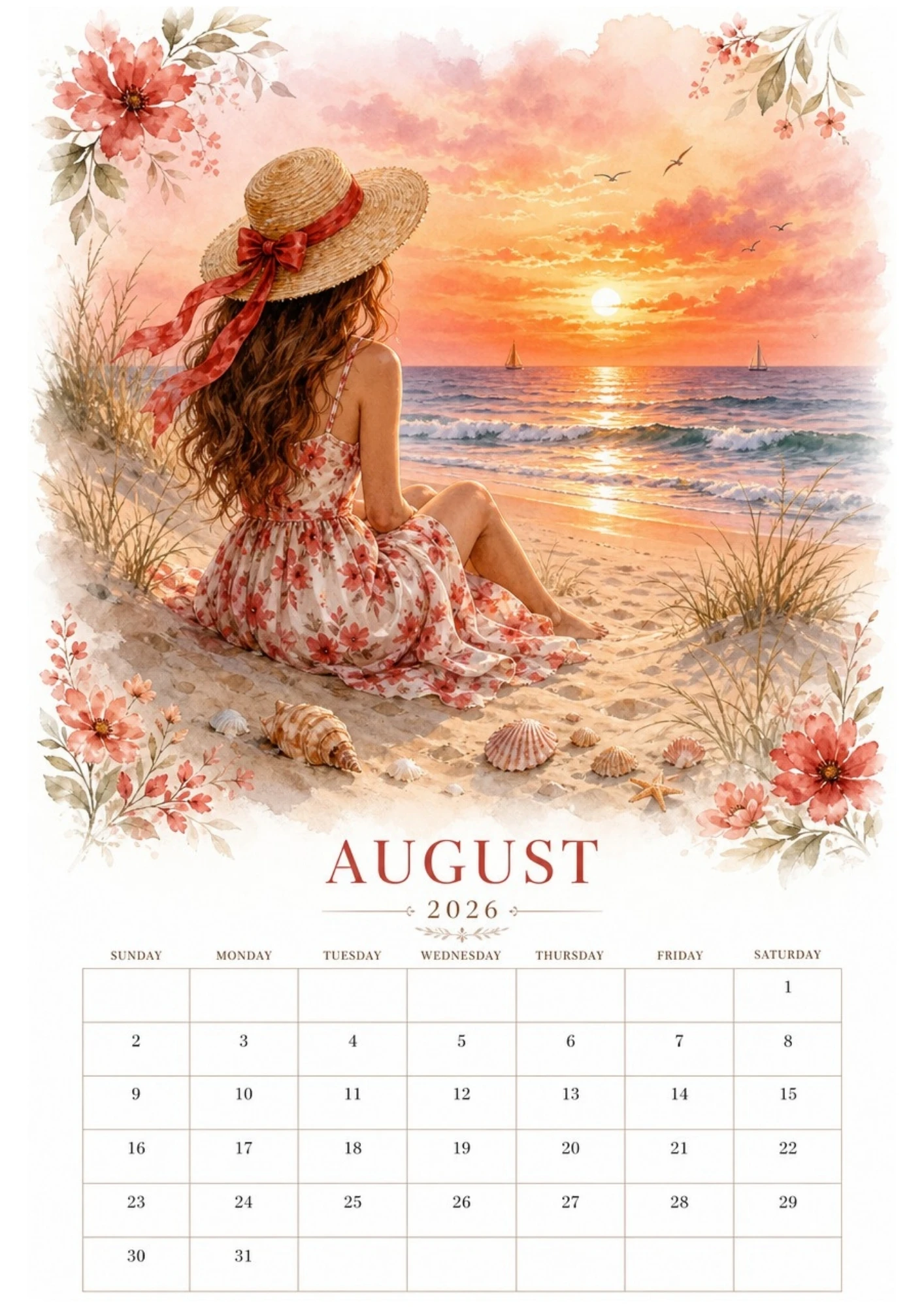 Watercolor illustration of a woman sitting on a sandy beach looking at a beautiful sunset over the sea, without watermarks, for an August 2026 calendar.