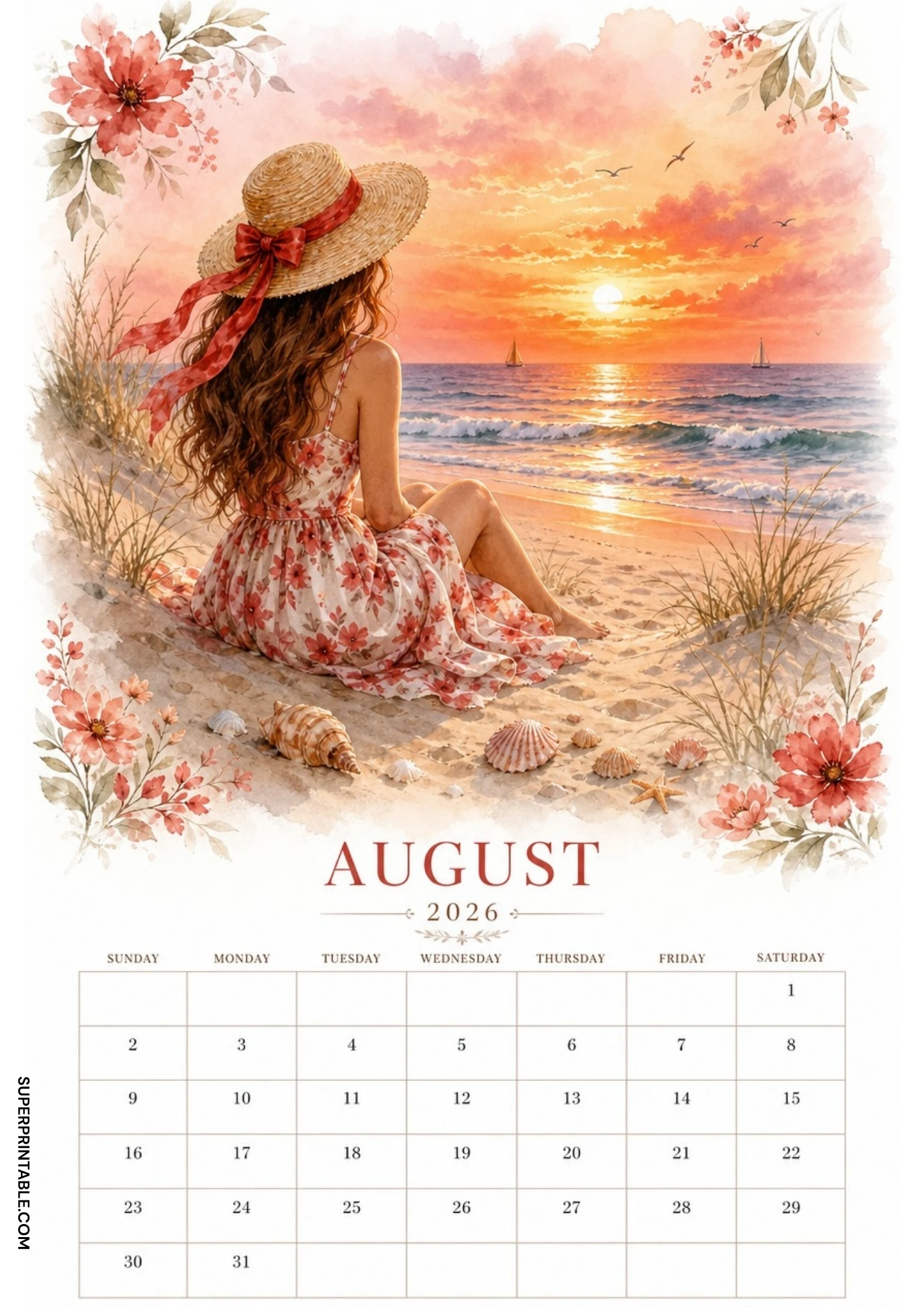 Watercolor illustration of a woman sitting on a sandy beach looking at a beautiful sunset over the sea with sailboats for an August 2026 calendar.