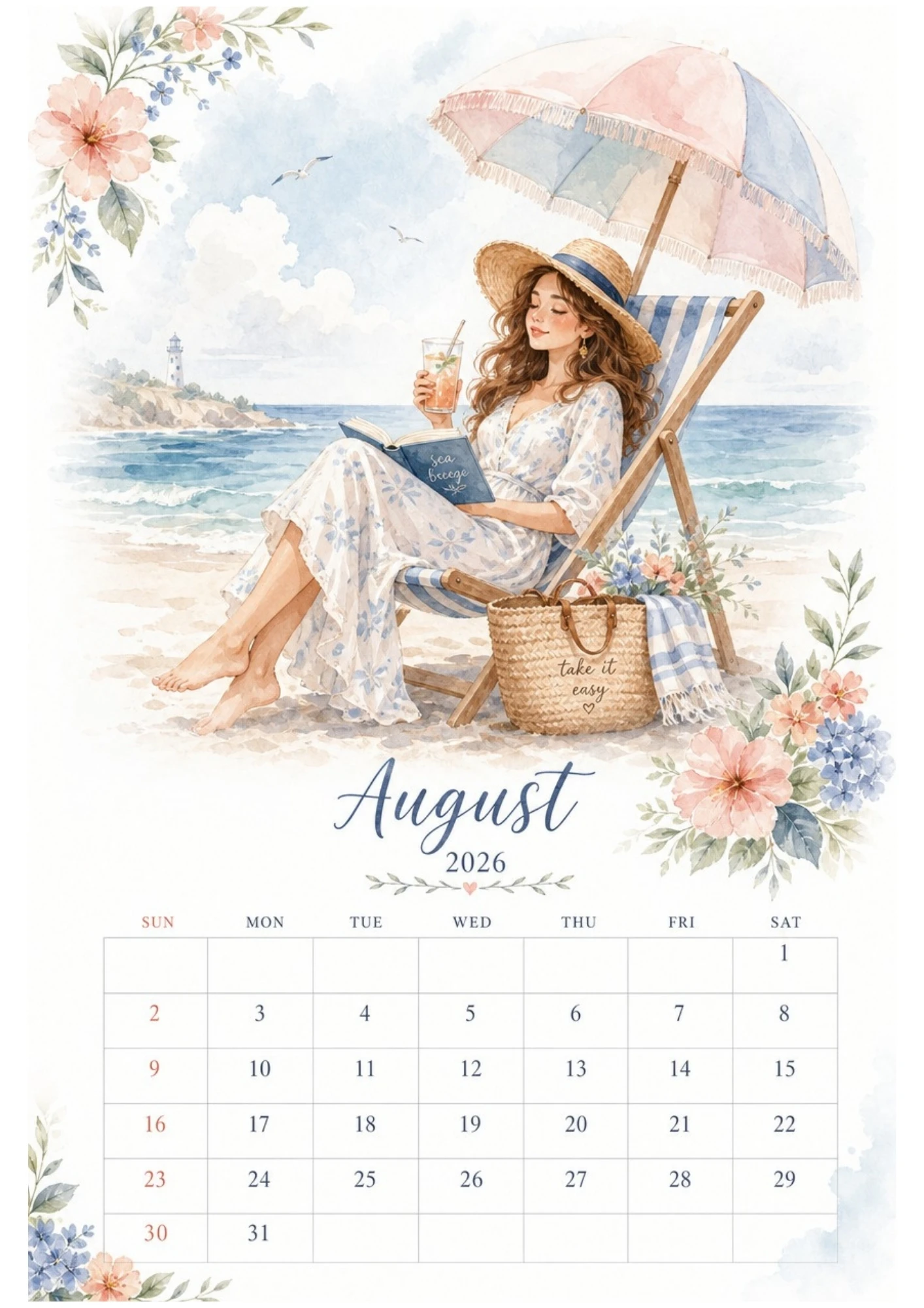 Watercolor illustration of a woman relaxing in a striped beach chair under an umbrella, holding a tropical drink by the sea for an August 2026 calendar.